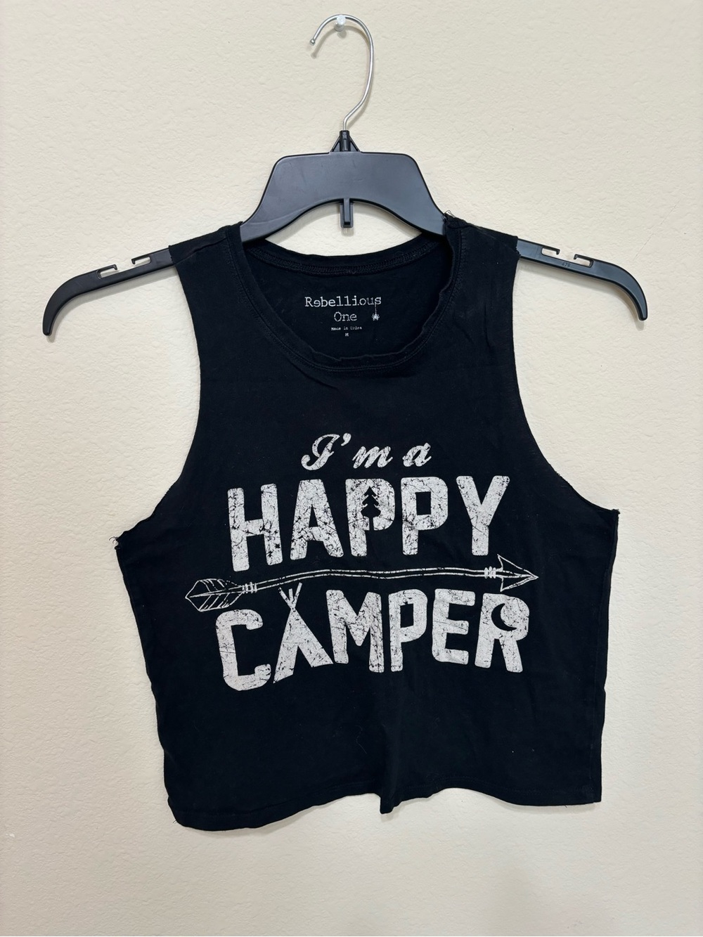 Rebellious One Black Graphic 'I'm a Happy Camper' Tank